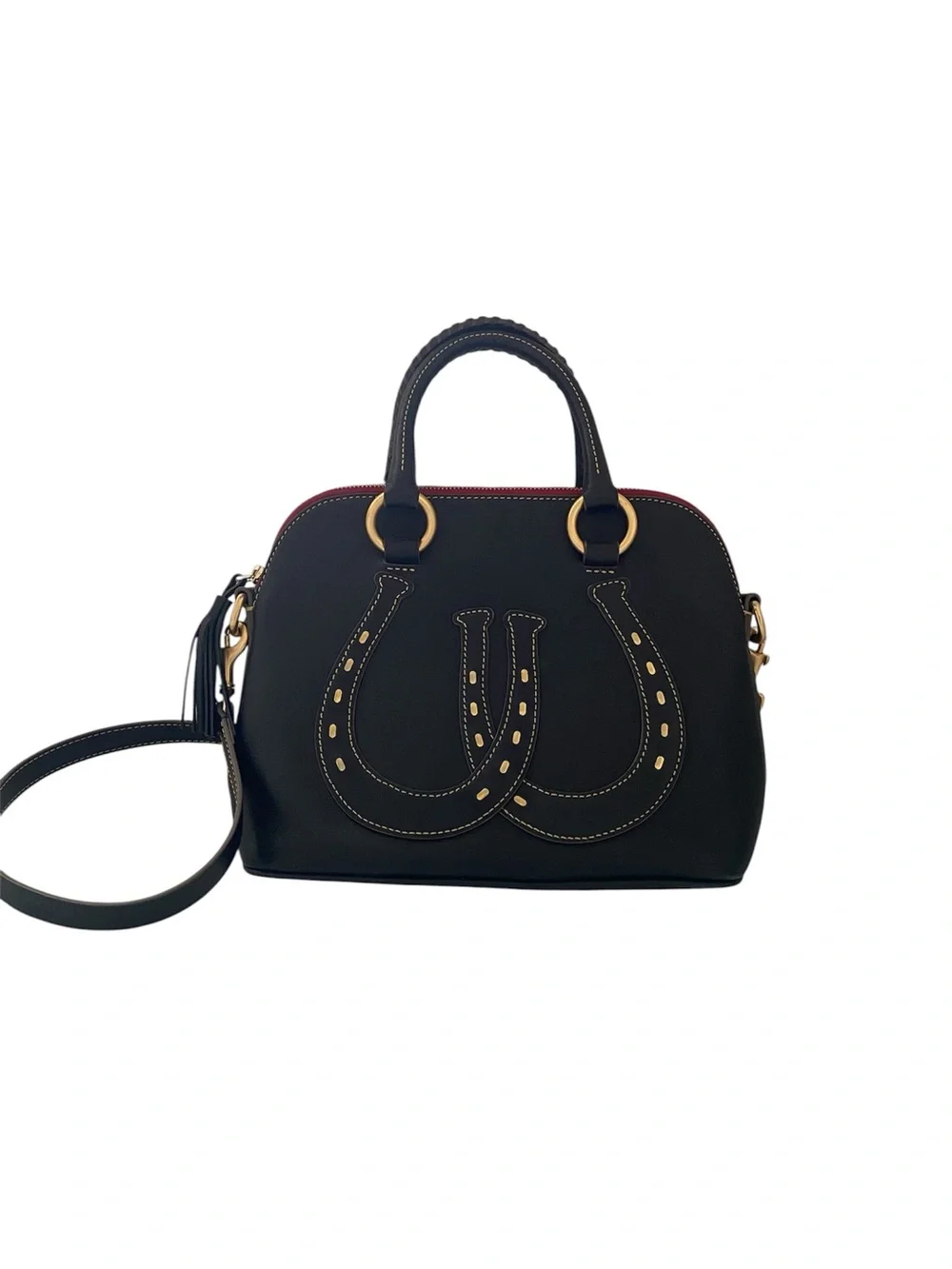 Dooney and Bourke Western Double Horseshoe Black Leather Domed Satchel
